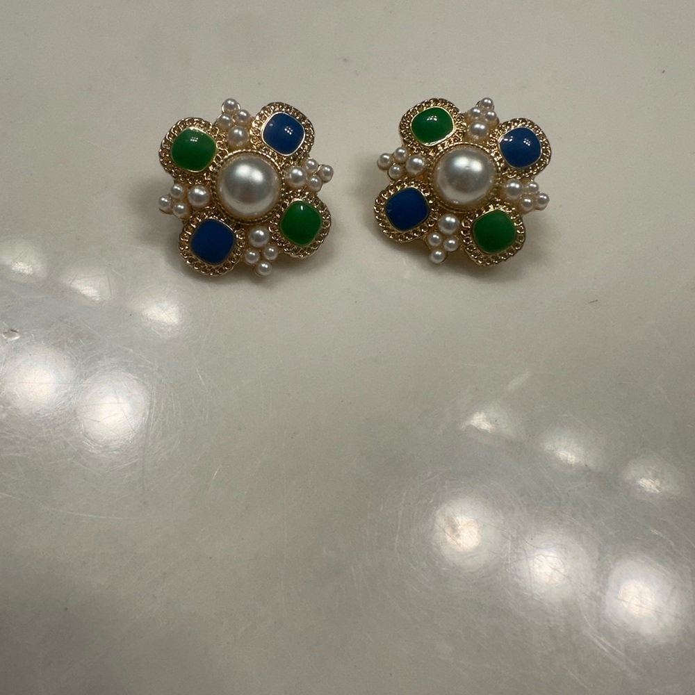 Elegant Gold, Green, and Blue Pearl Earrings